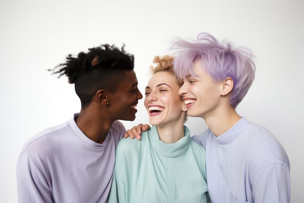 Three diverse young people laughing hair men.