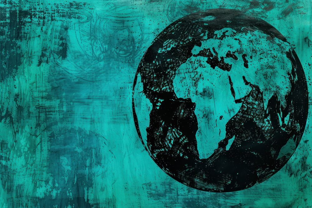 Silkscreen of a globe backgrounds textured planet.