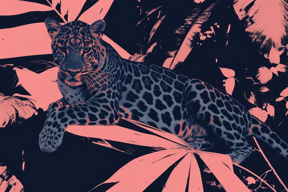 Silkscreen of a leopard wildlife animal mammal.