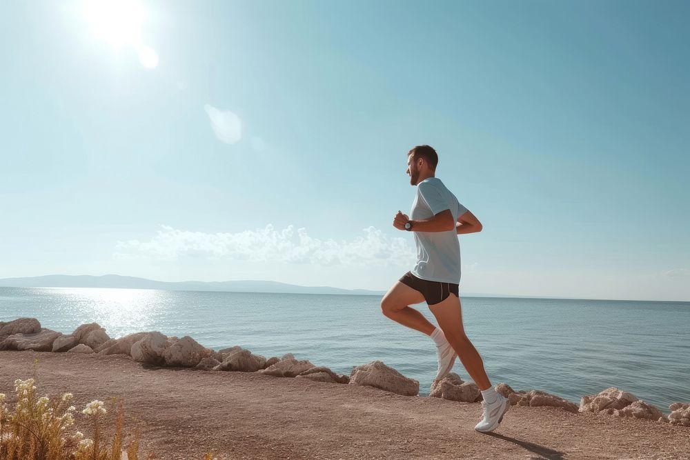 Healthy man running jogging shorts day.
