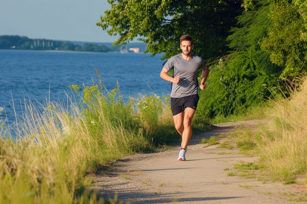 Healthy man running jogging shorts adult.