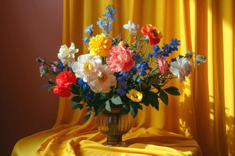 Medieval style colorful flowers vase on table with dark yellow tablecloth plant petal rose.