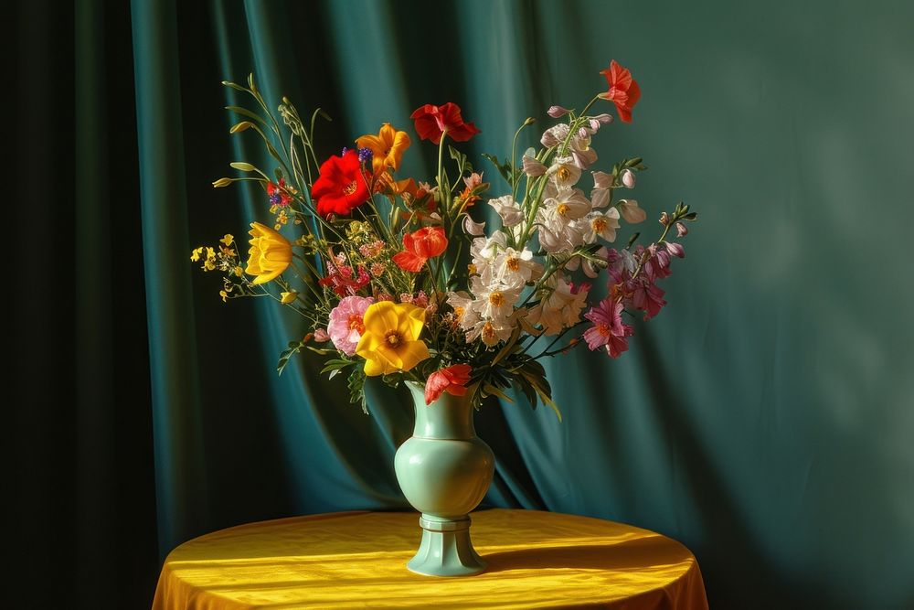 Medieval style colorful flowers vase on table with dark yellow tablecloth plant art inflorescence.