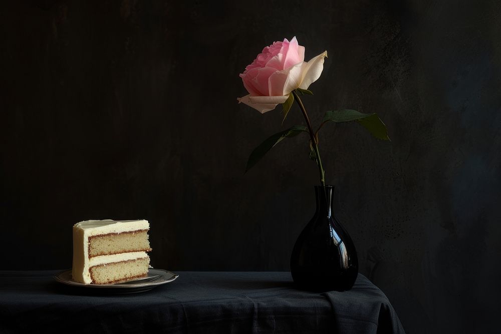 Piece of cake with one pink rose dessert flower plant.