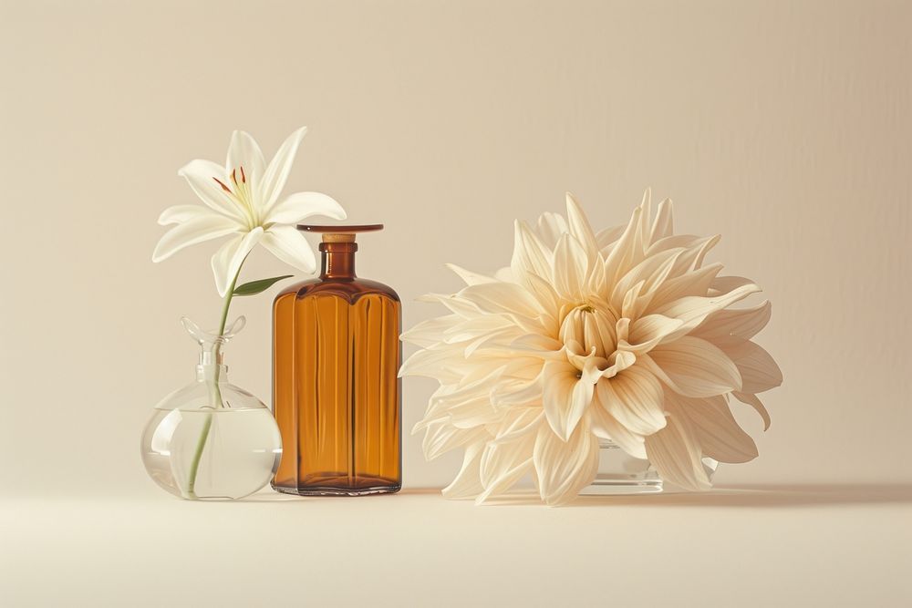 Sepia glass fragant bottle with blooming lily flower in formless glass vase perfume dahlia plant.