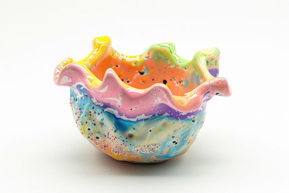 One piece of colorful ceramic art made by kid porcelain vase white background.
