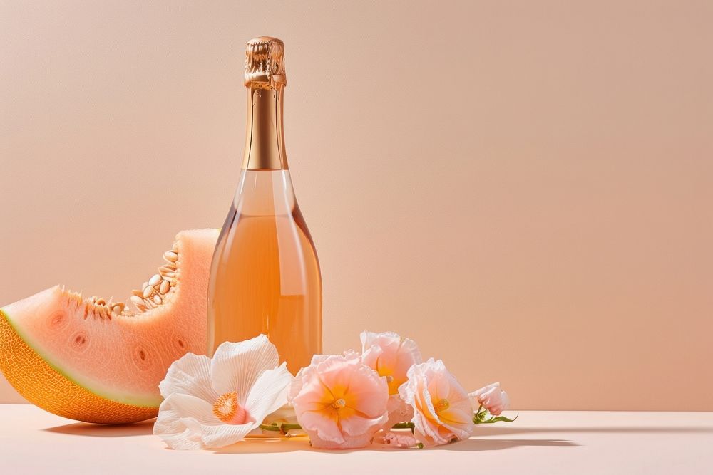 Champagne bottle with melon and flower peach fruit plant.