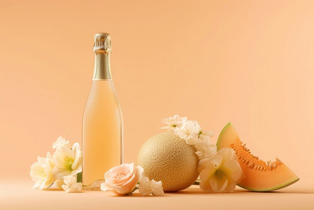 Champagne bottle with melon and flower peach drink fruit.