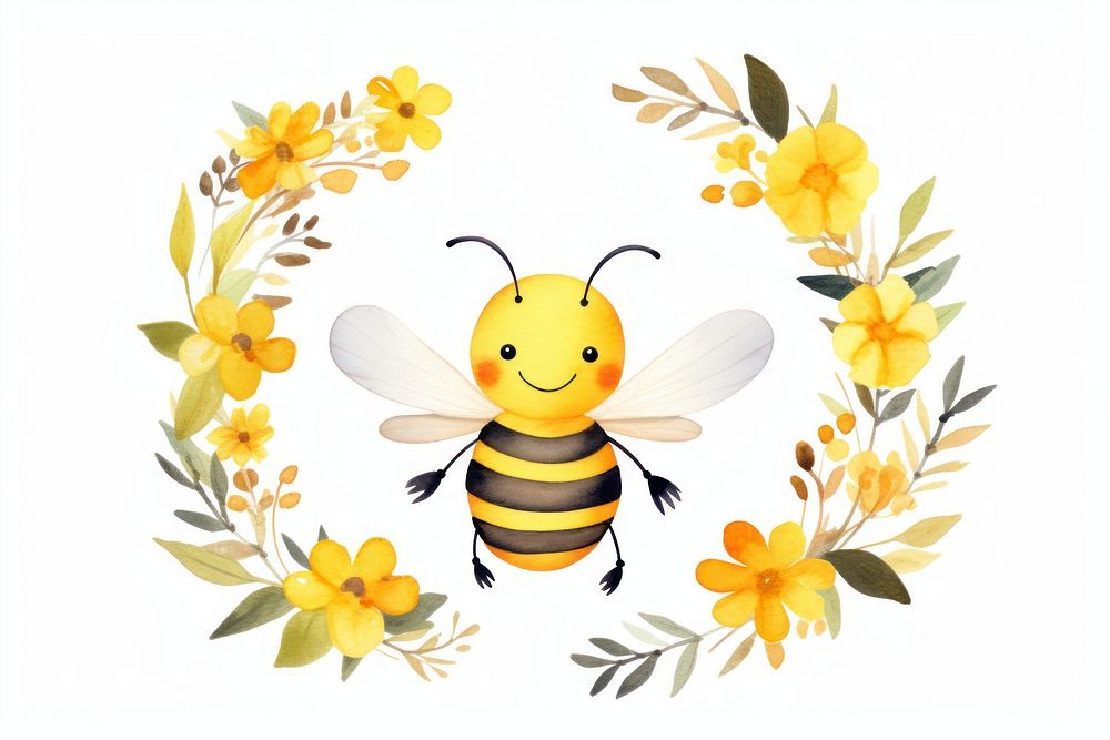 Watercolor cute smiling bee wreath animal insect representation.