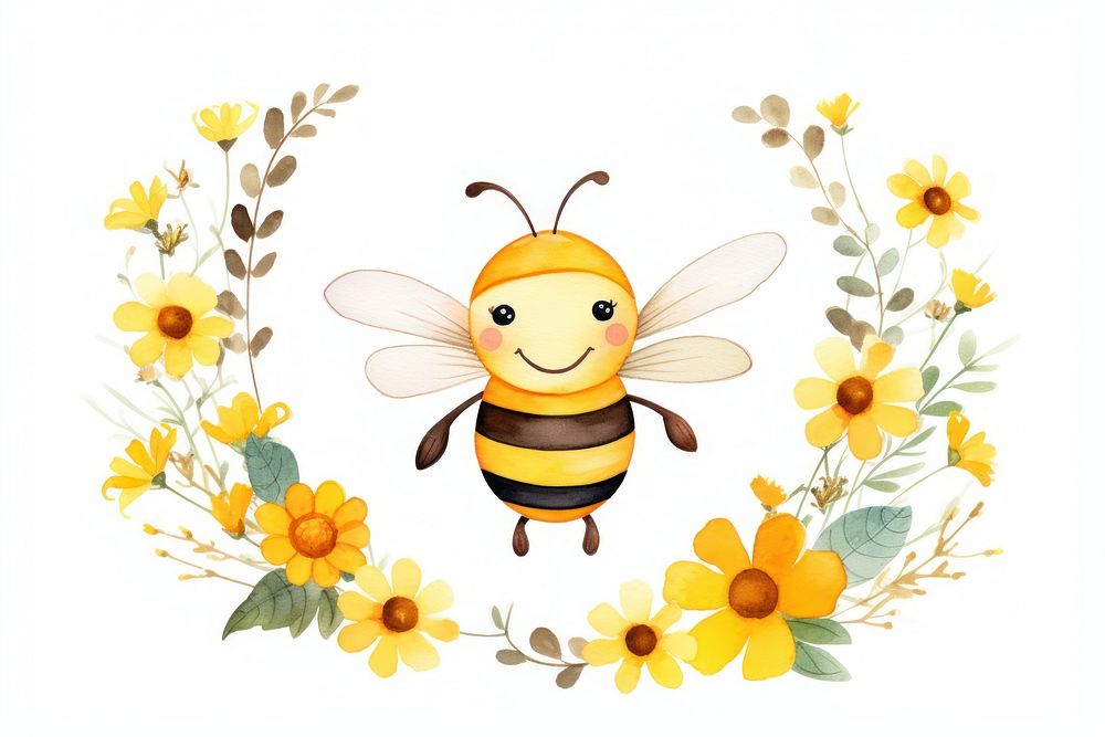 Watercolor cute smiling bee wreath flower animal insect.