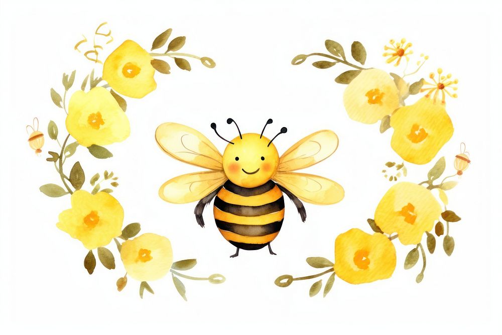 Watercolor cute smiling bee wreath animal insect invertebrate.