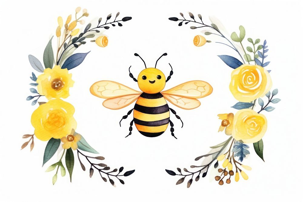 Watercolor cute smiling bee wreath animal insect plant.