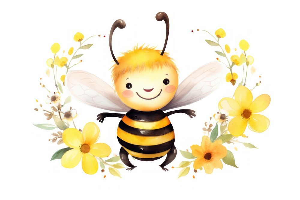 Watercolor cute smiling bee wreath outdoors insect animal.