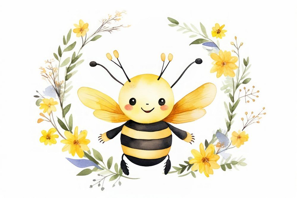Watercolor cute smiling bee wreath nature animal insect.