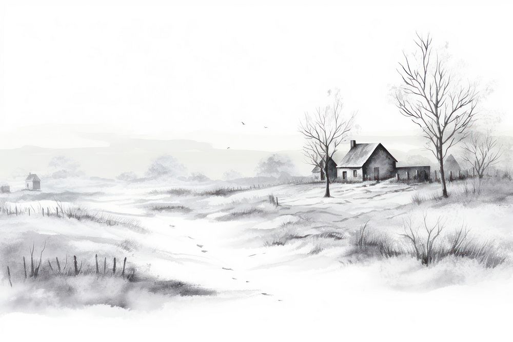 A winter snow abandoned landscape monochrome outdoors drawing.