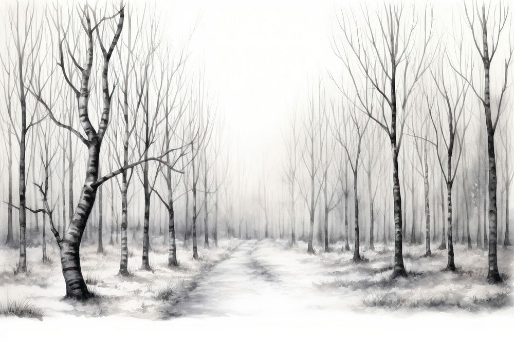 A winter snow abandoned forest monochrome outdoors drawing.