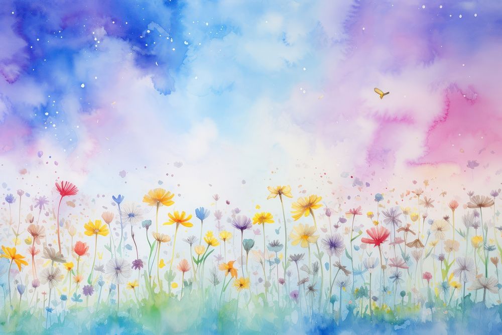 Rainbow sky and daisy painting backgrounds outdoors.