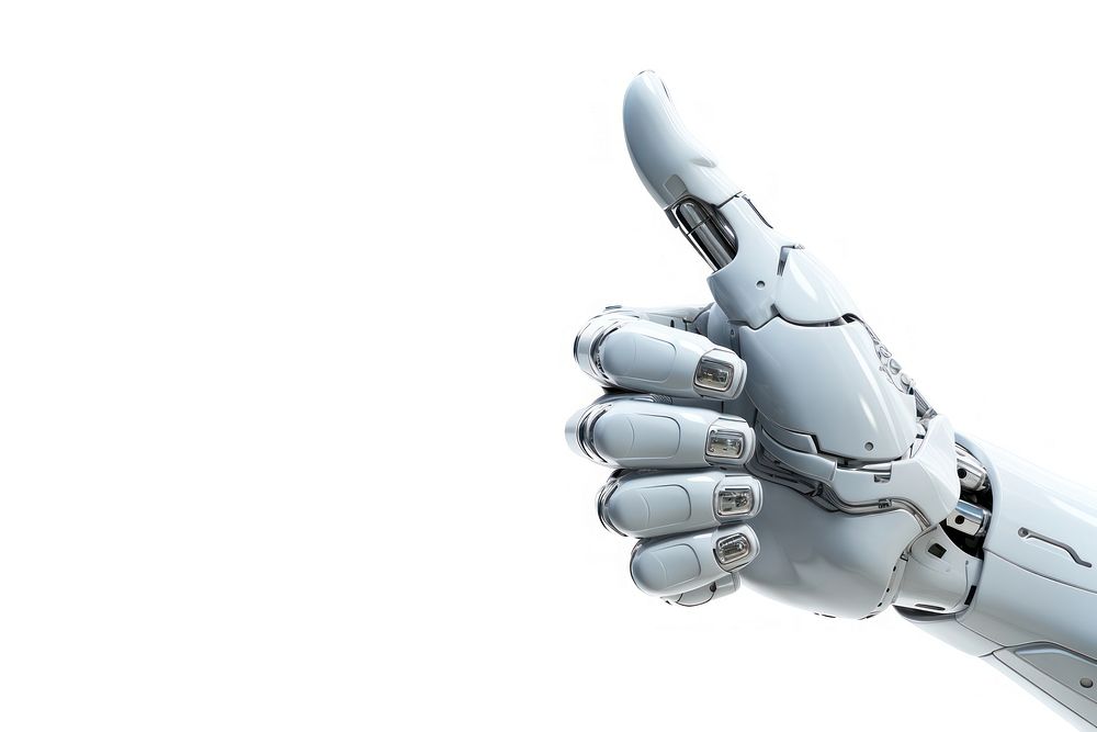 White cyborg robotic hand finger white background technology.