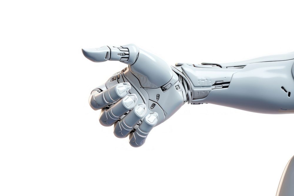 White cyborg robotic hand finger white background electronics.