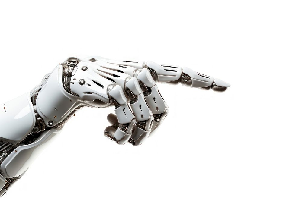 White cyborg robotic hand finger white background technology.