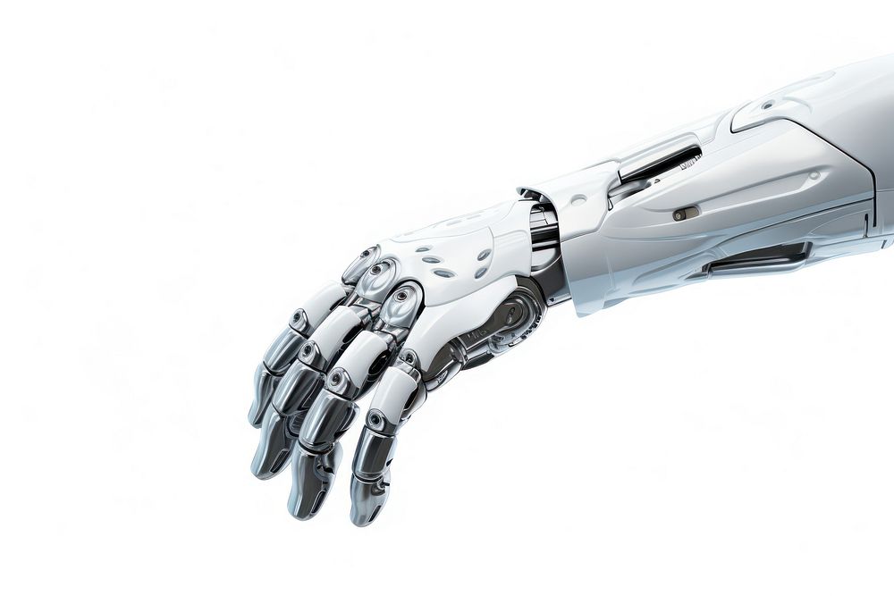 White cyborg robotic hand white background electronics technology.