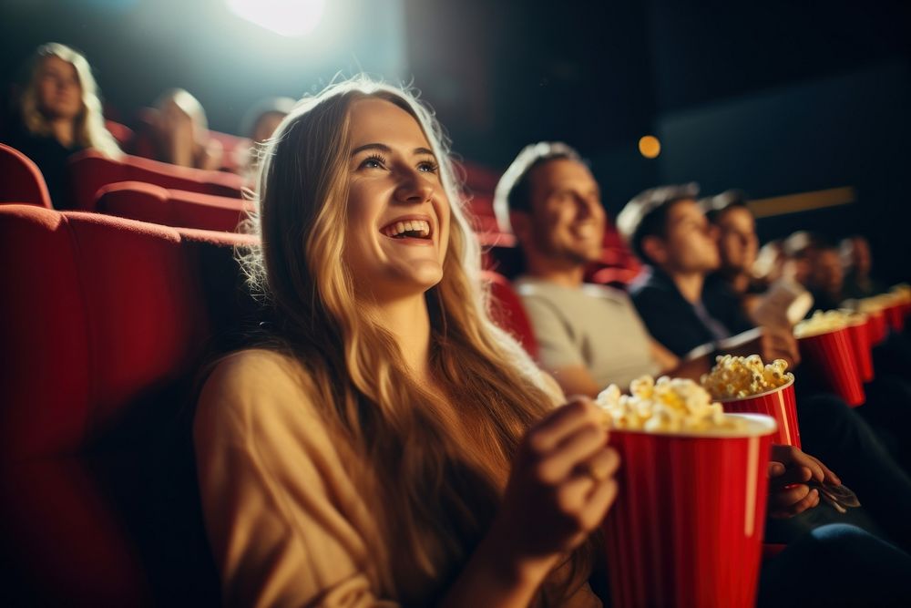 Movie popcorn watching laughing.