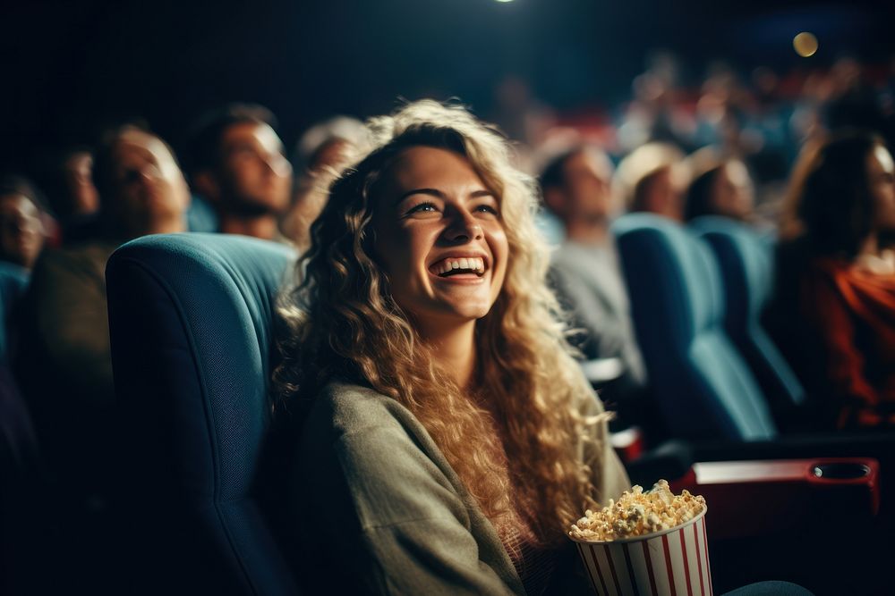 Movie popcorn watching laughing.