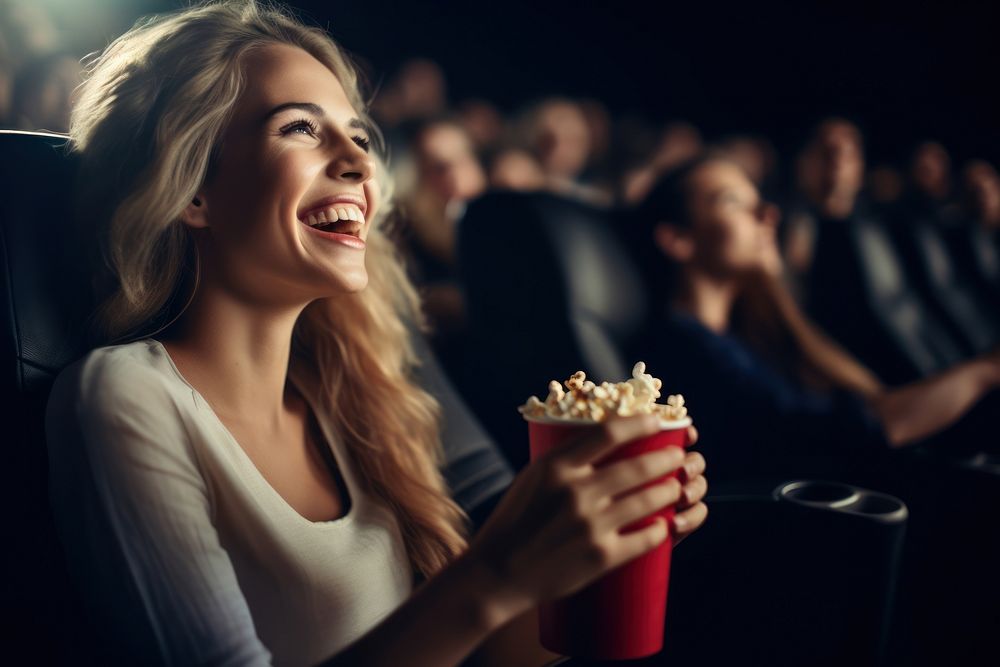 Movie popcorn laughing adult.