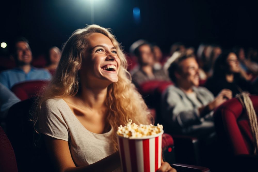 Movie watching laughing popcorn.