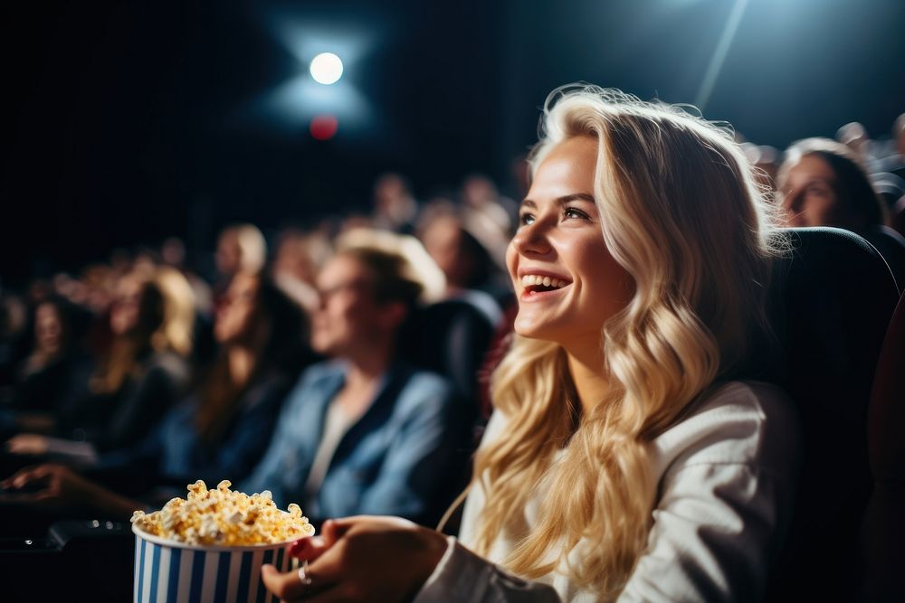 Movie watching laughing popcorn.