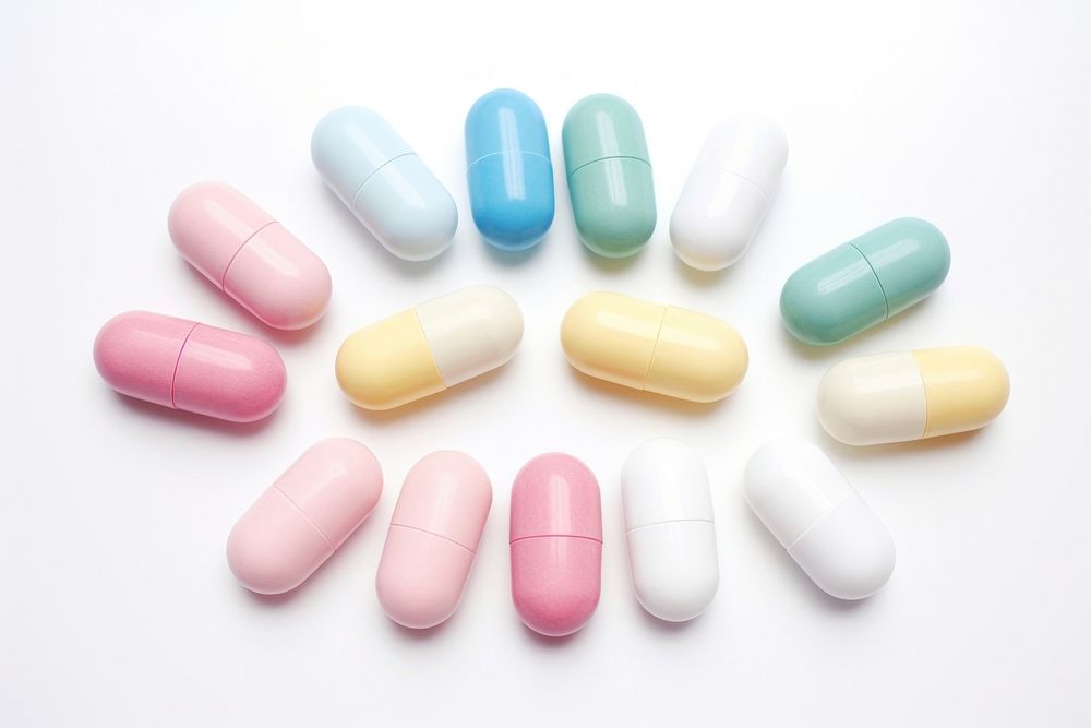 Medicine pills capsule white background antioxidant.