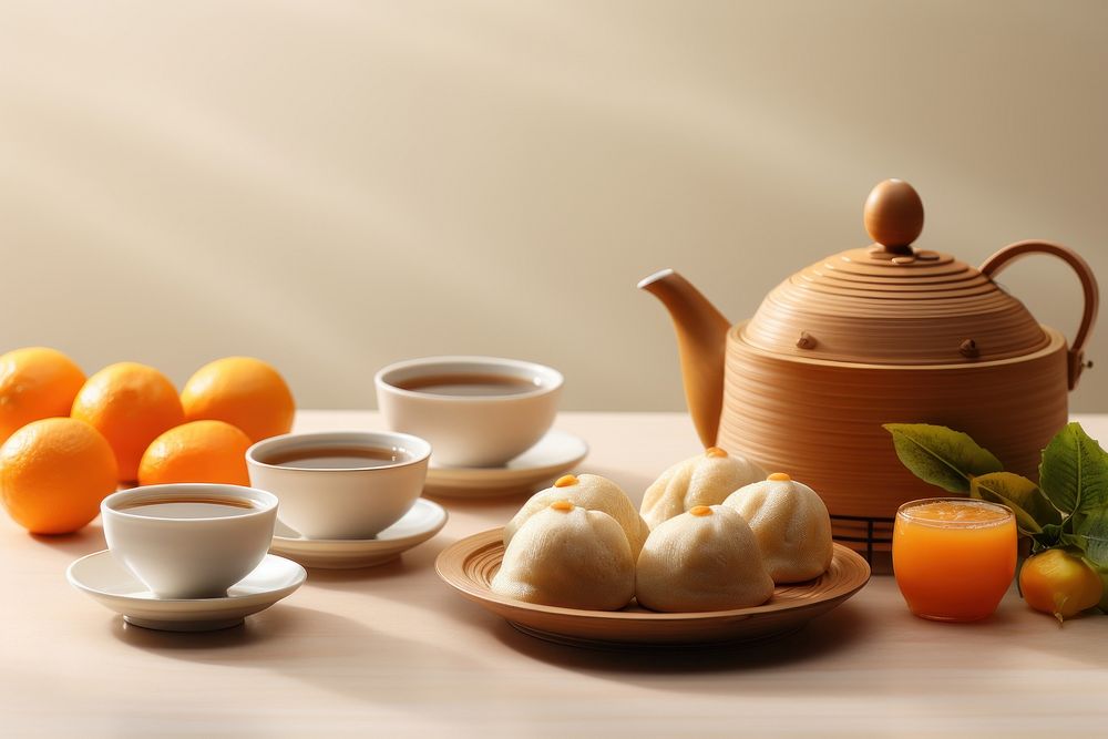Mandarins and tea pot Chinese New Year teapot table.