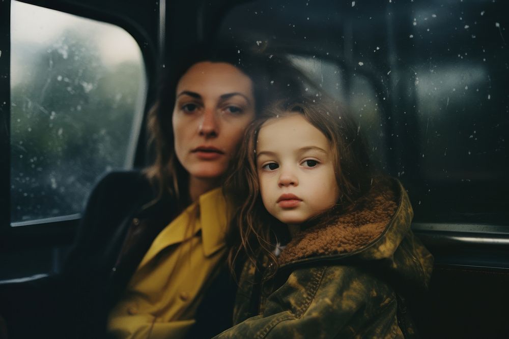 Close up of a mother and daughter commuting in a bus photography portrait adult.