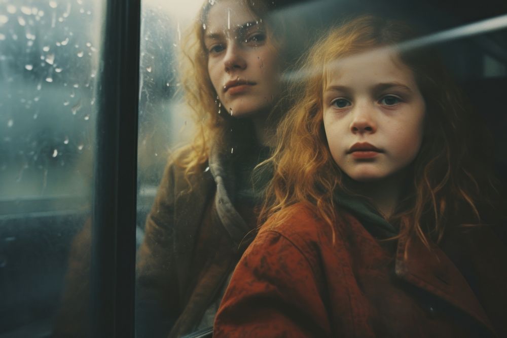 Close up of a mother and daughter commuting in a bus photography portrait rain.