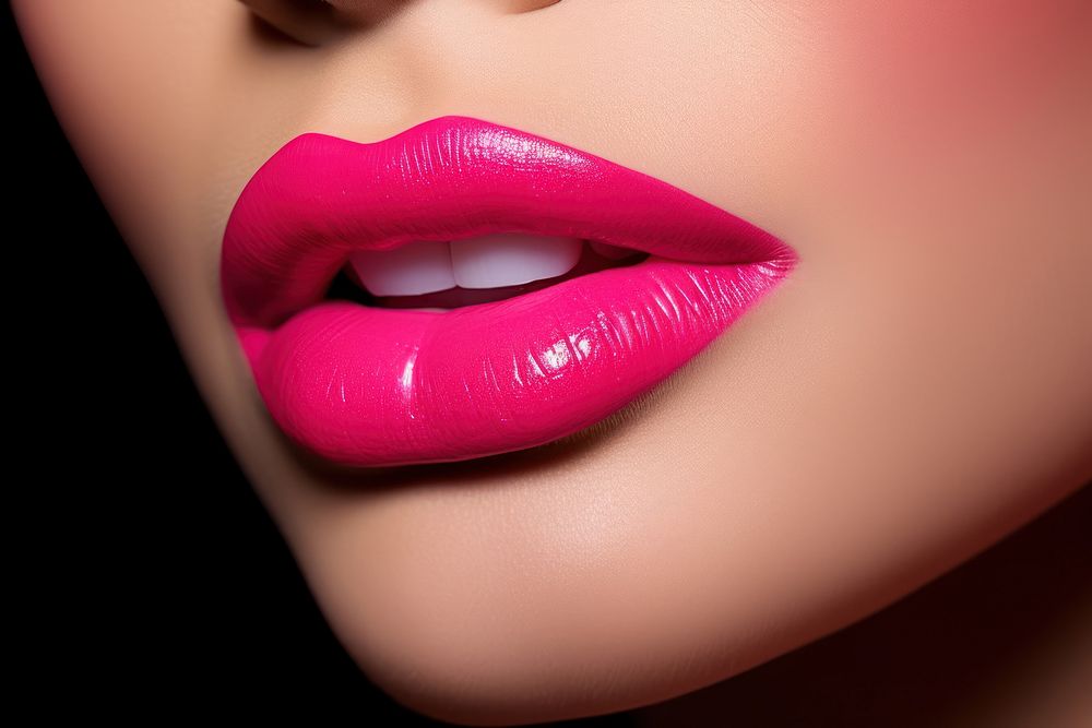 Pink lipstick applying cosmetics adult skin.