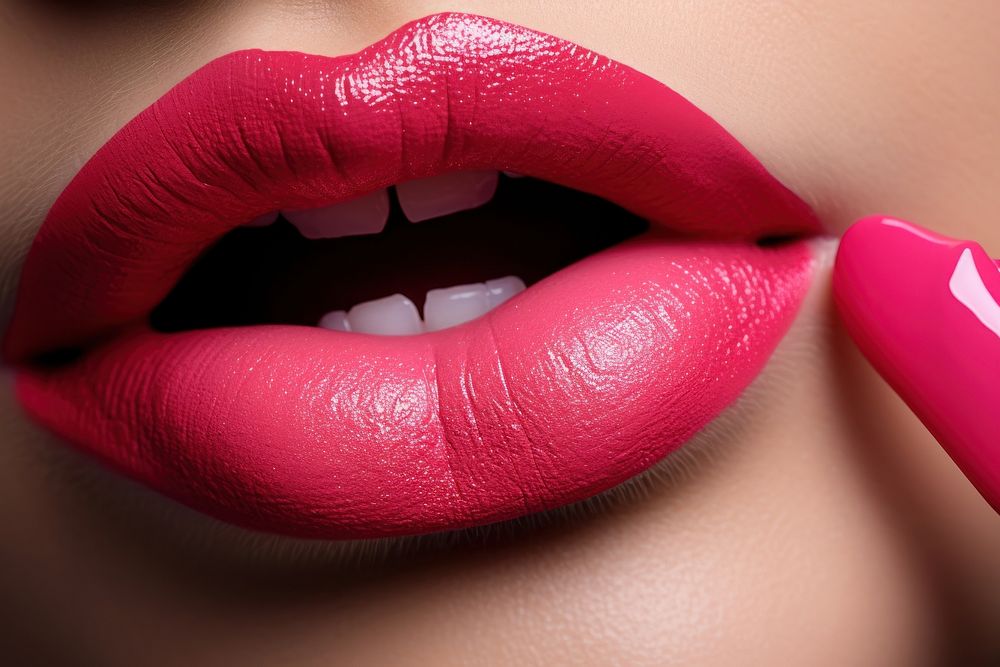 Pink lipstick applying cosmetics fingernail perfection.