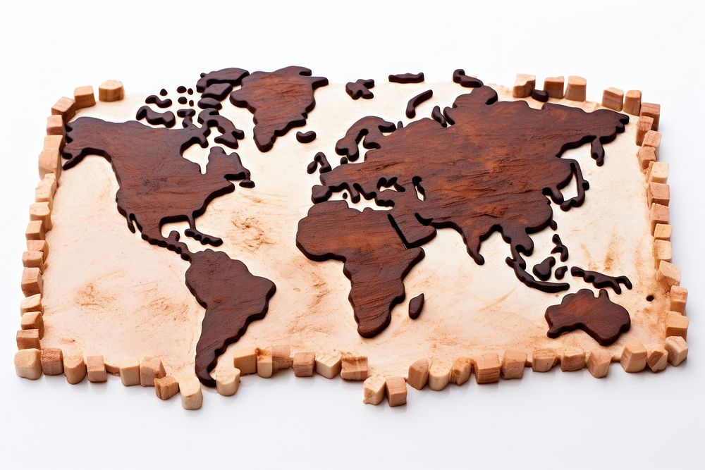 World map wood cake topography.