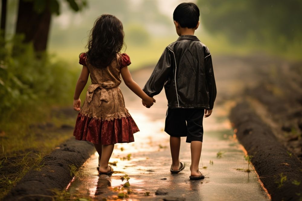 Asian kids walking together child rain hand.