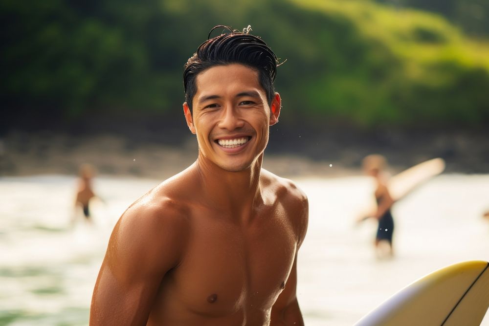 Asian surfer surfing outdoors smiling nature.