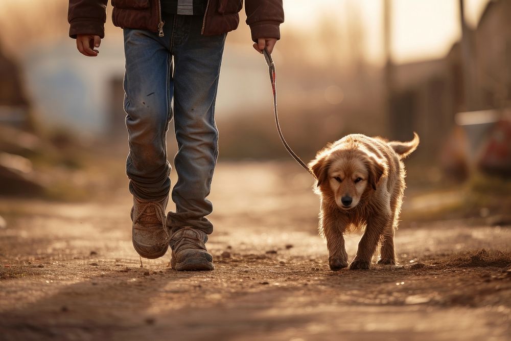 Boy walking a dog mammal animal leash.