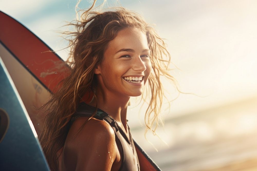 British girl surfer surfing laughing smiling smile.