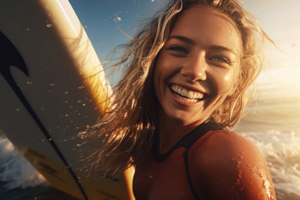 British girl surfer surfing recreation laughing portrait.