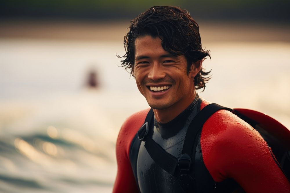 Japanese surfer surfing smiling smile lifejacket.