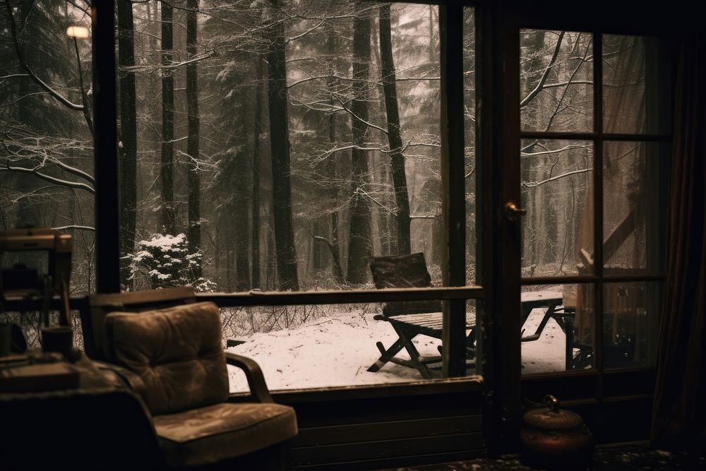 Photography of a view inside the cabin in the winter forest snow architecture furniture.