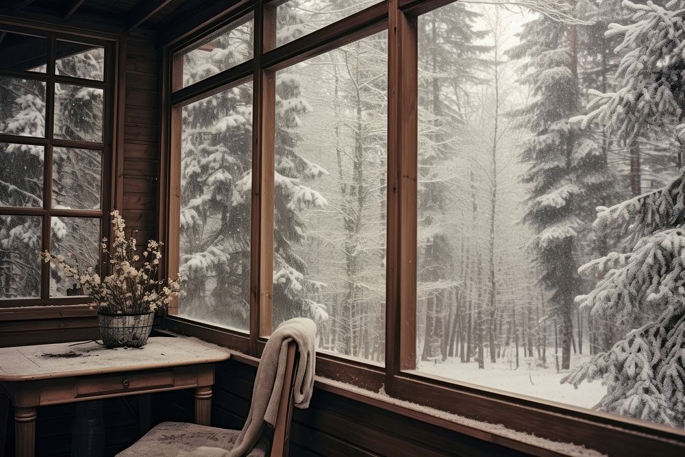 Photography of a view inside the cabin in the winter forest furniture window table.