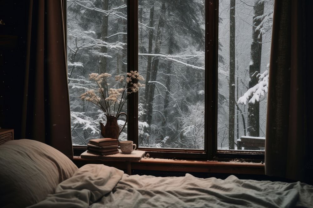 Photography of a view inside the cabin in the winter forest furniture window snow.