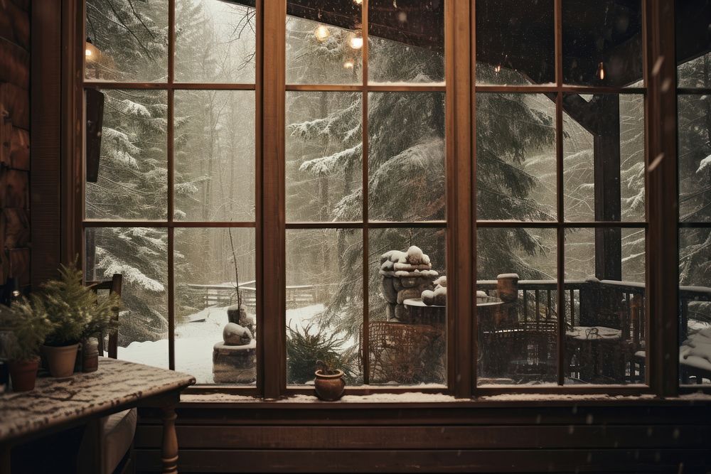 Photography of a view inside the cabin in the winter forest snow windowsill furniture.