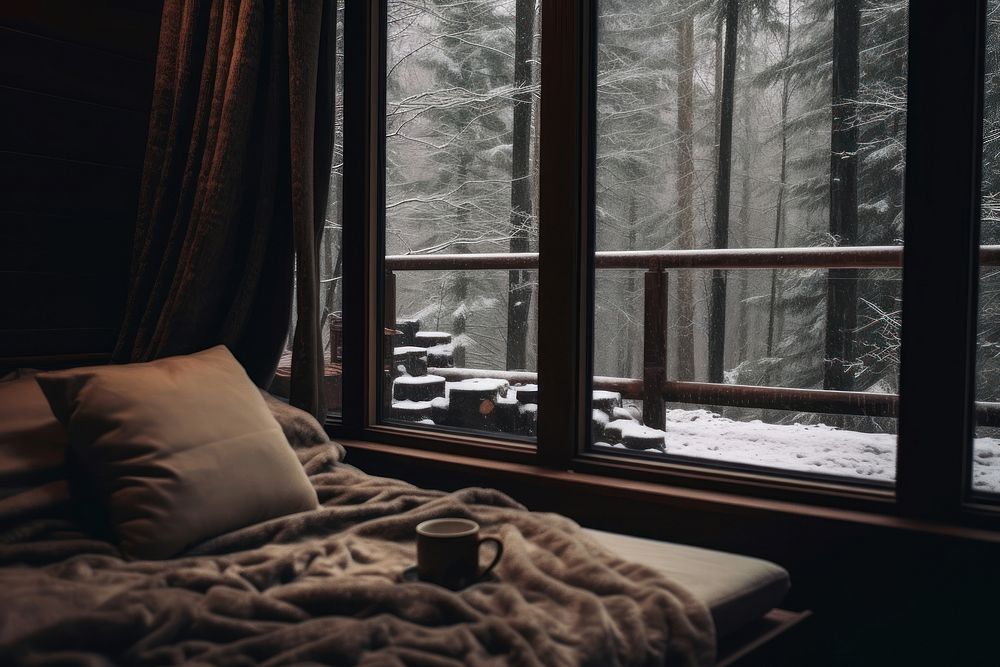 Photography of a view inside the cabin in the winter forest furniture window snow.