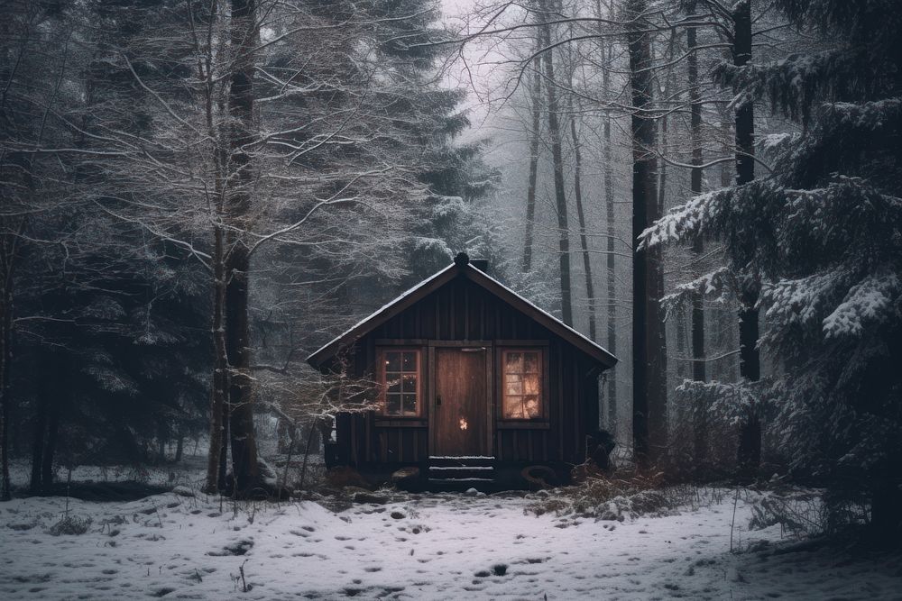 Photography of a cabin in the winter forest architecture building house.