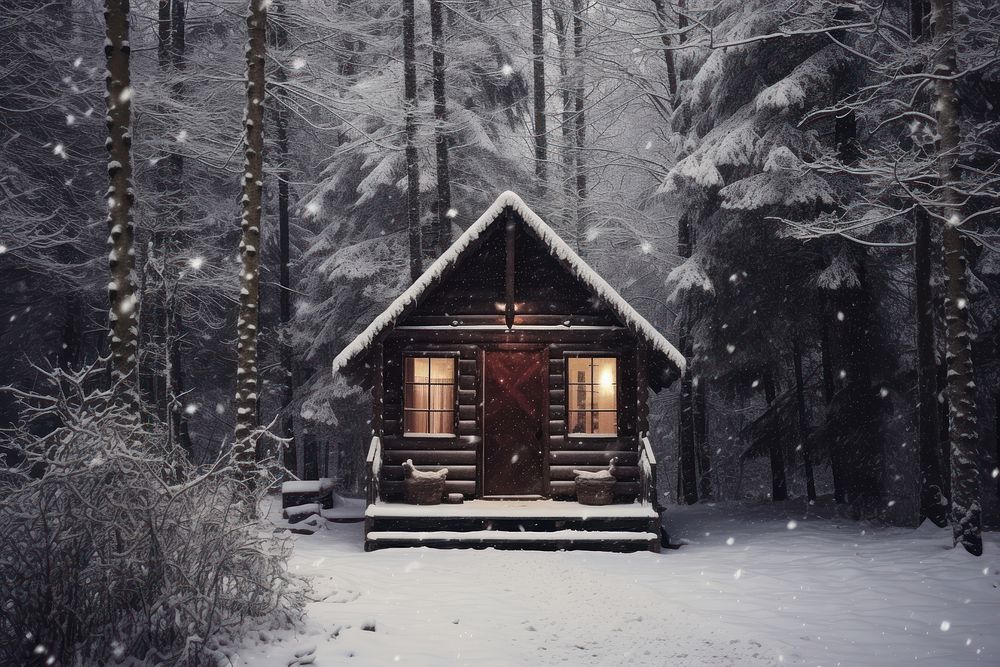 Photography of a cabin in the winter forest architecture building snowing.